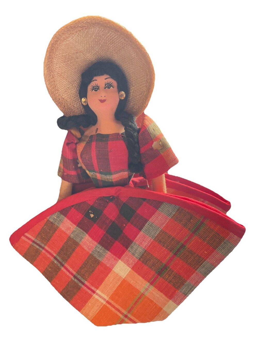 VTGMexican Doll Purse Clutch In Hat & Dress 9 Inches Souvenir Folk Art Braids